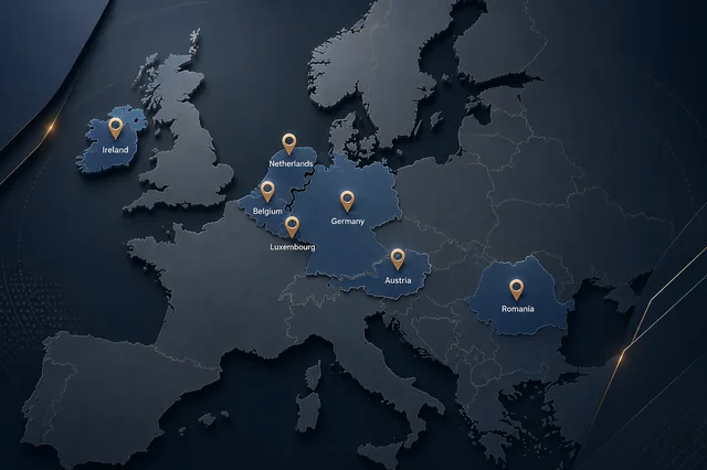 Hartă a prezenței Rexenerg în România, Austria, Germania, Luxemburg, Belgia, Țările de Jos și Irlanda